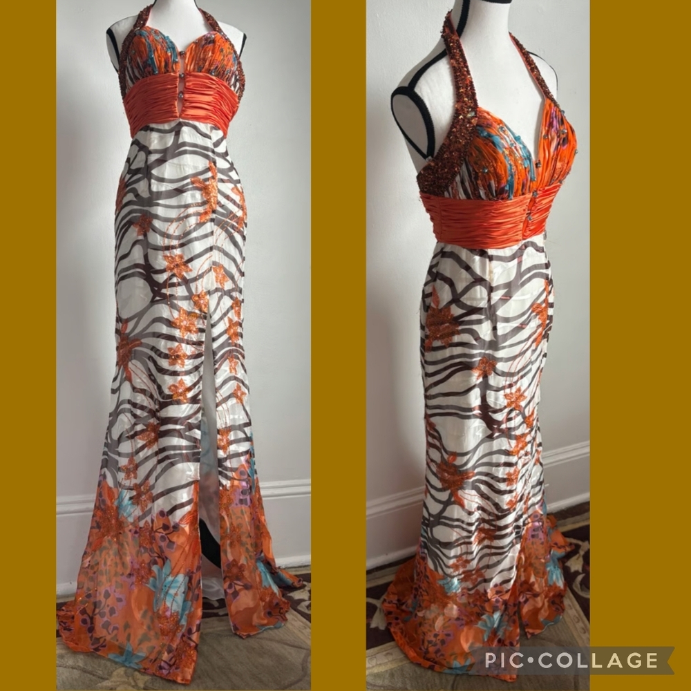 Y2K Tiffany Designs Silk Animal Print, Tropical, Beaded, Gemstones Formal Gown.